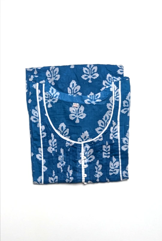 Blue Floral Print Cotton Kurta With White Embroidered Neckline