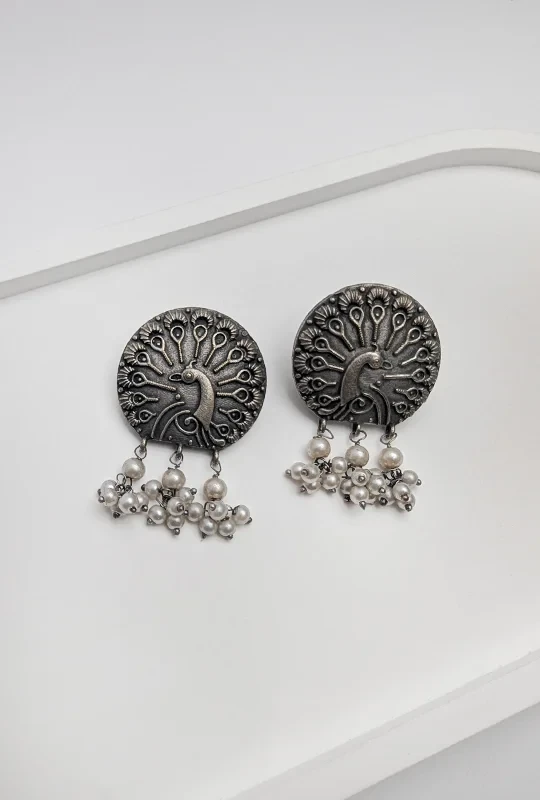 Round Peacock Silver Earrings