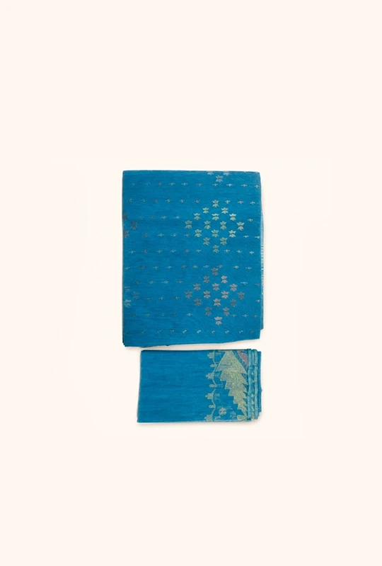 Bright Sky Blue Half Silk Jamdani Saree