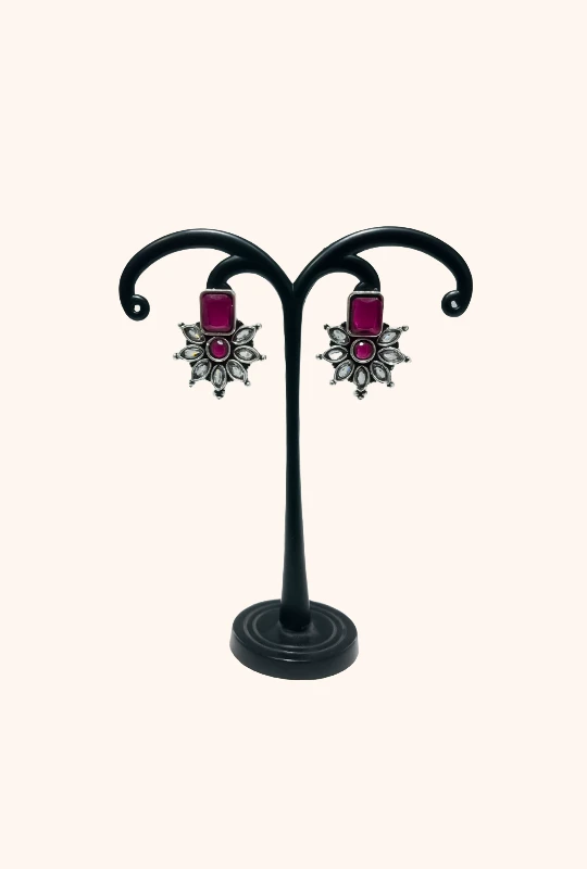 New Prominent Red Stone Set In Silver-Oxidized Metal Teejh Aashini Stud Earrings