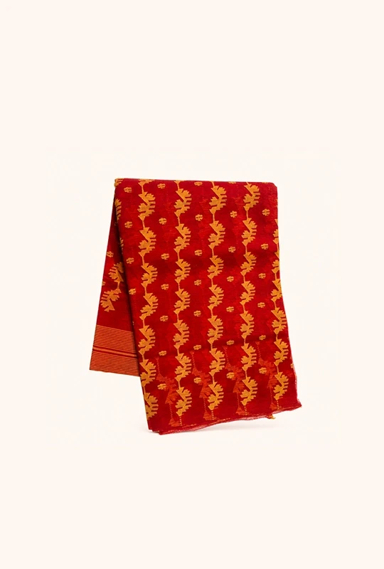 Red Orange Half Silk Jamdani Saree