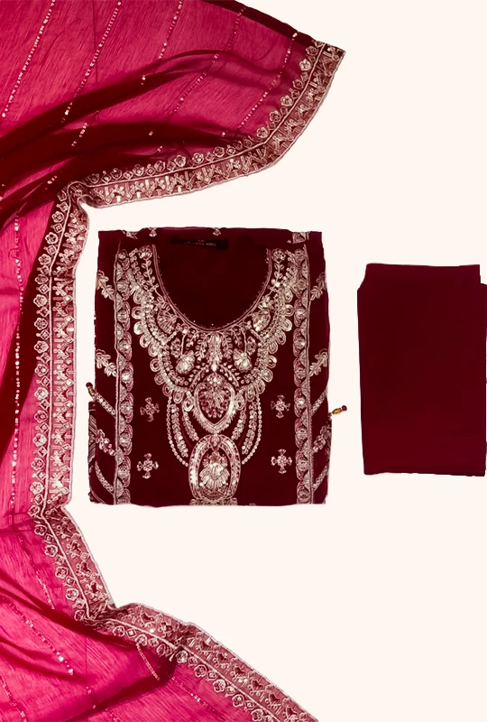 Original Pakistani Bin Hameed Arshama - Deep Red 3pcs (Unstitched)